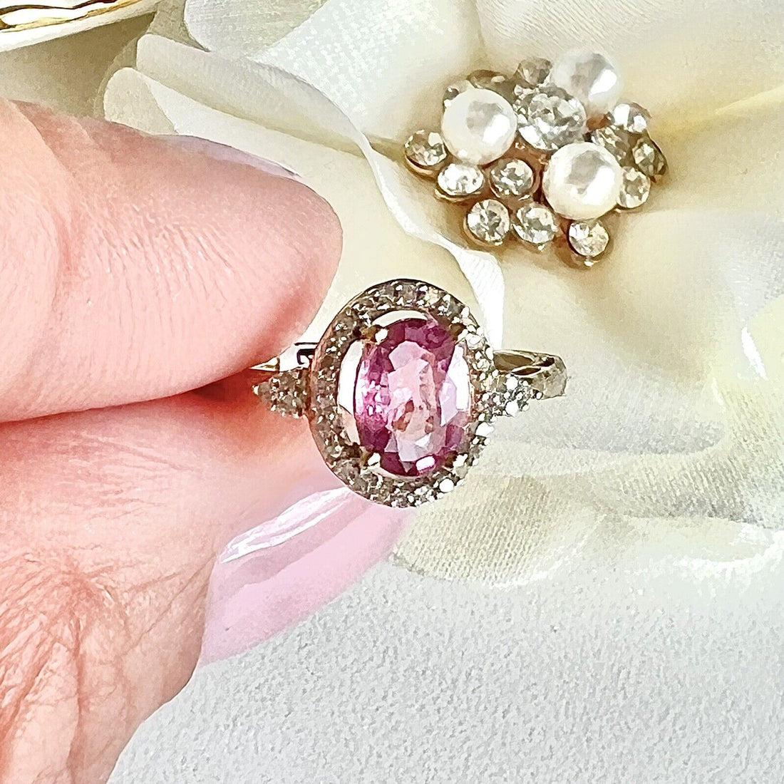 Solid 10k Yellow Gold Genuine Pink Sapphire & Diamonds Halo Ring, New, Size 7