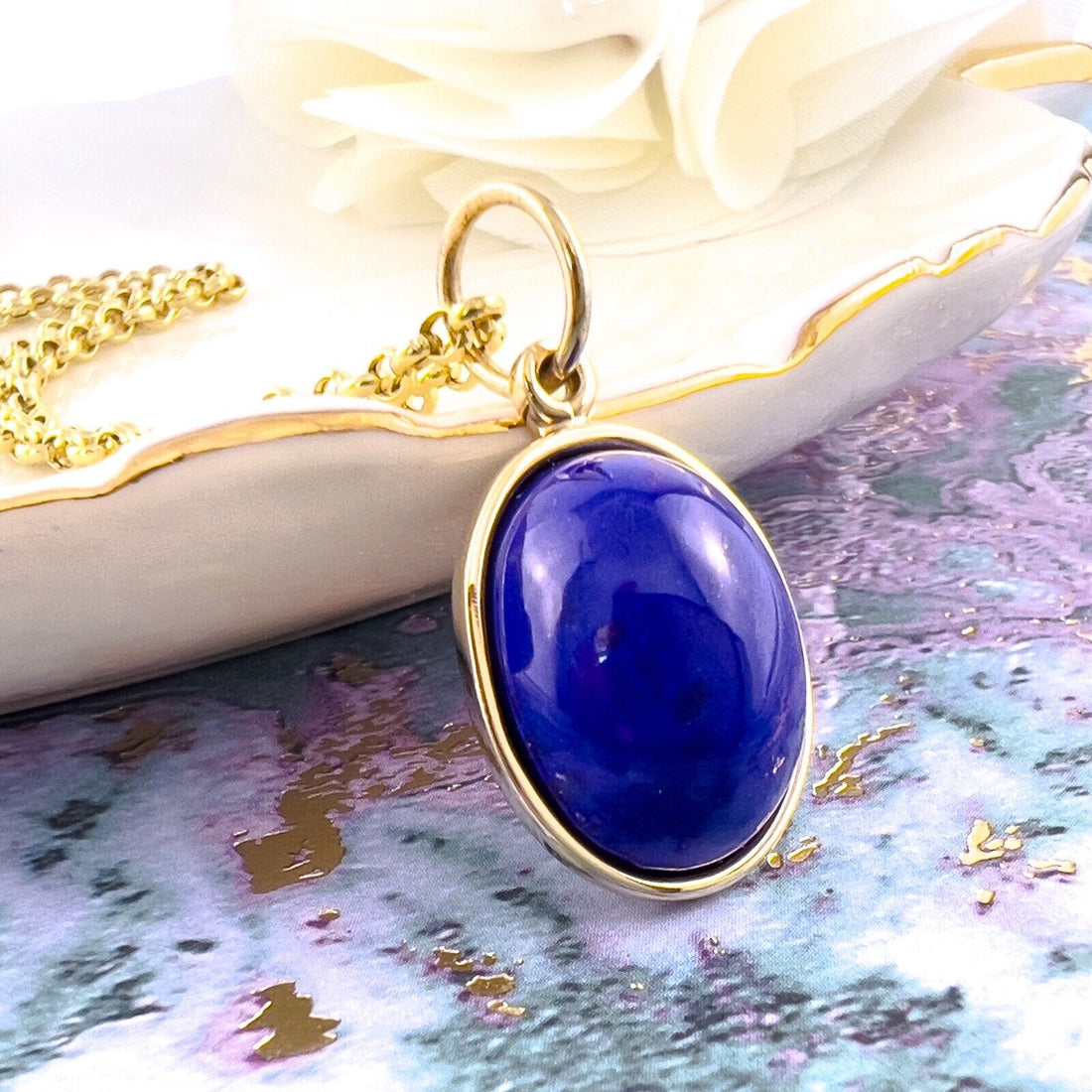 Natural Lapis Lazuli 14k Yellow Gold Oval Pendant, Unisex, Handcrafted