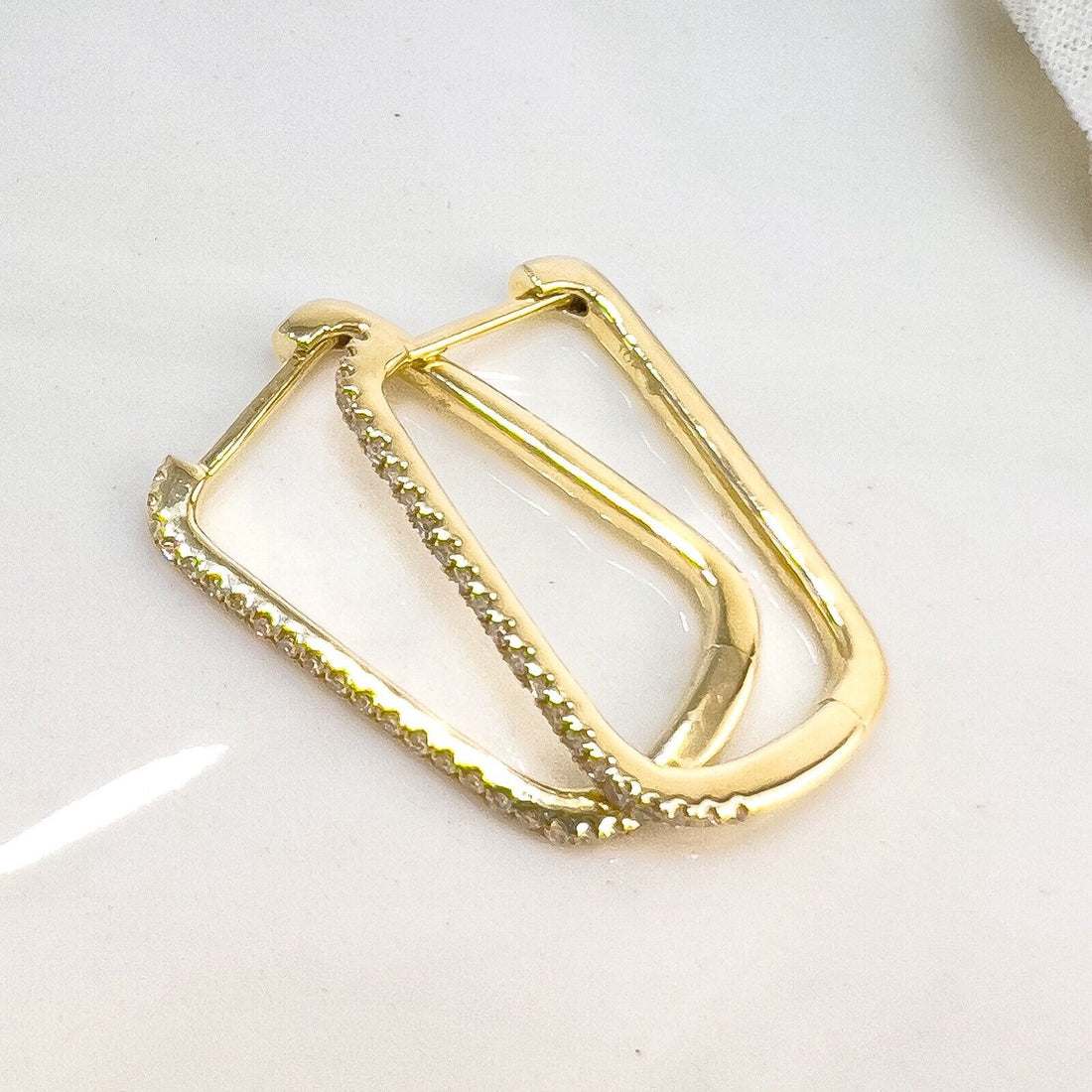 10k Yellow Gold Genuine Diamond Rectangular Hoop Earrings, New