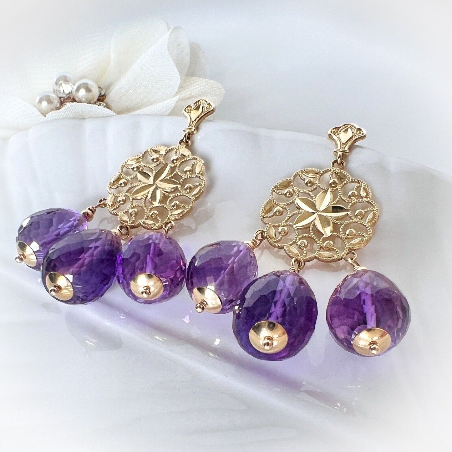 Solid 14k Yellow Gold Genuine Amethyst Briolette Chandelier Earrings, New