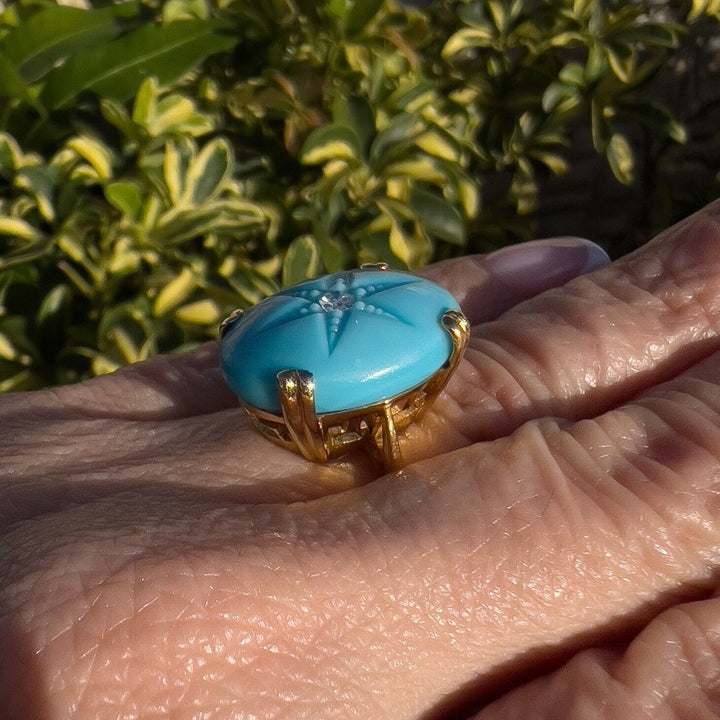 Vintage European 8k Yellow Gold American Turquoise & Diamond Ring, Size 4.75