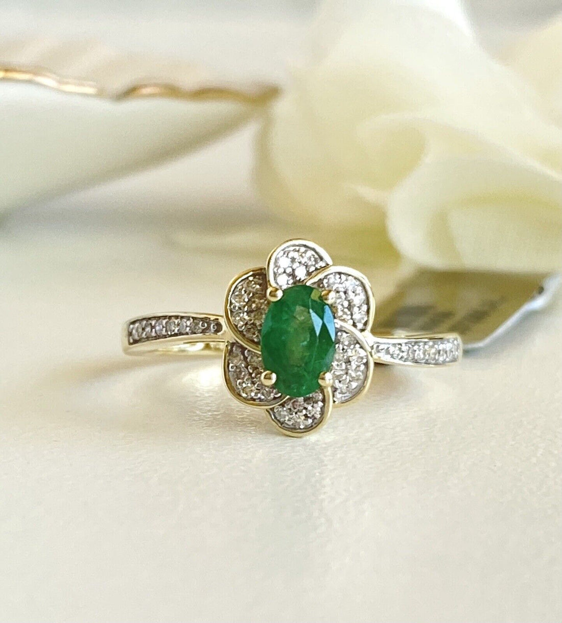 Genuine Emerald & Solid 14k Yellow Gold Swirl Halo Ring, New, Size 7