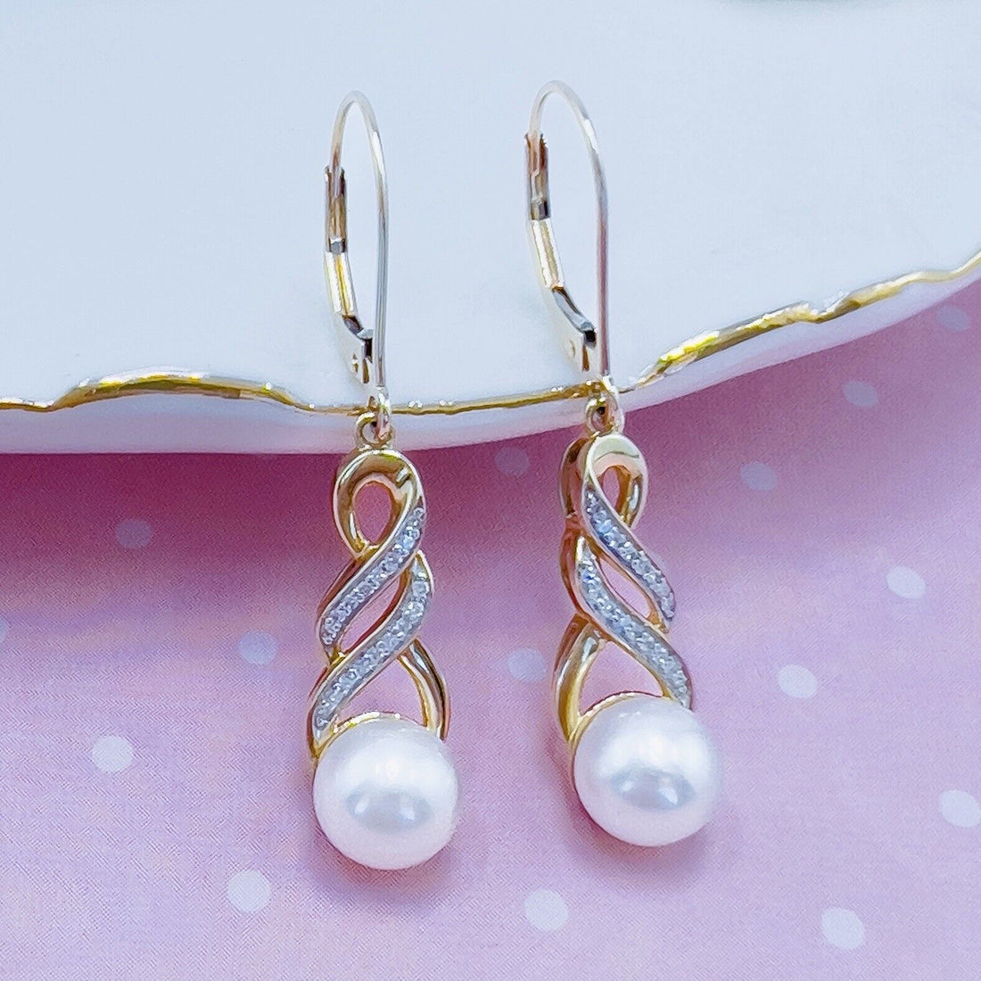 10k Yellow Gold Genuine Pearl & Diamond Dangle/Drop Earrings