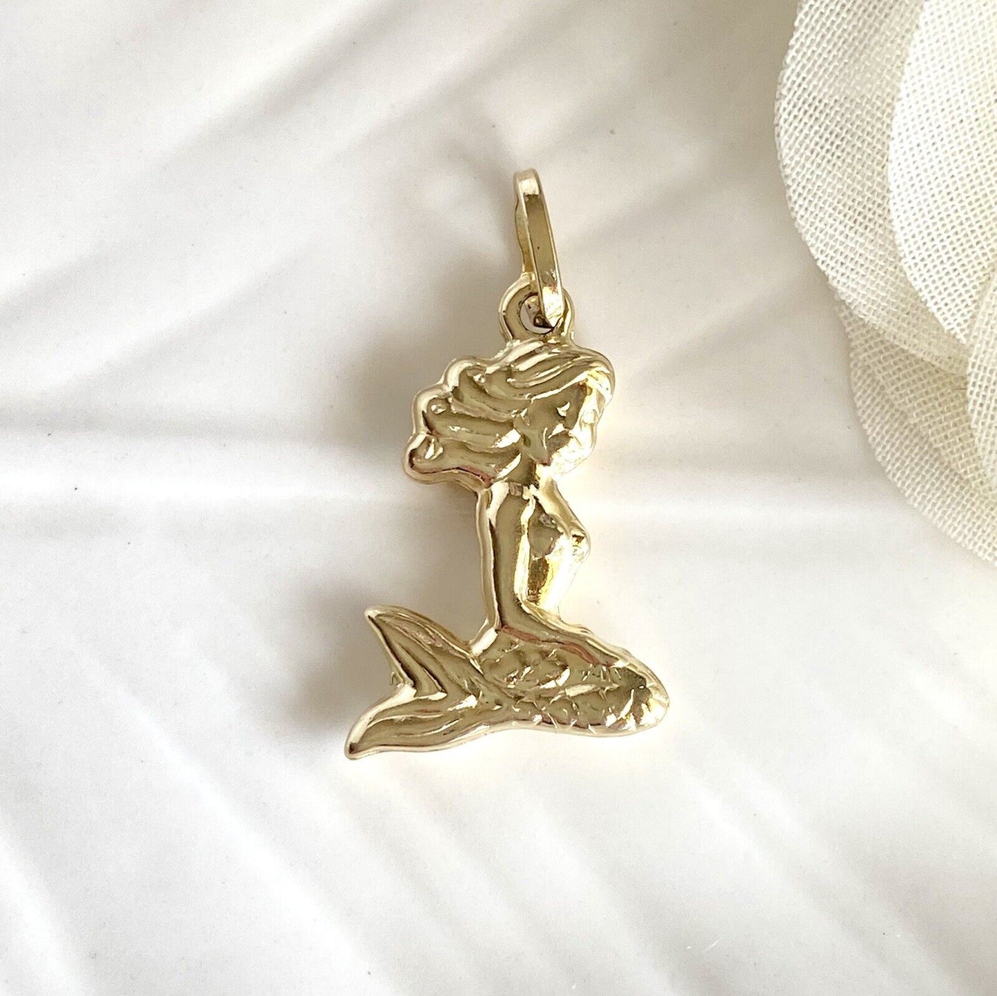 Adorable 14k Yellow Gold Puffy 3D Mermaid Pendant, New, 1.08"