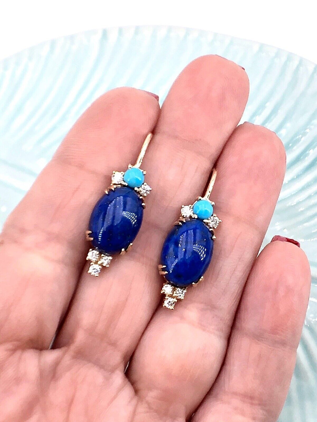 Genuine 14k Gold, Natural Lapis Lazuli, Turquoise & Diamond Dangle Earrings, New