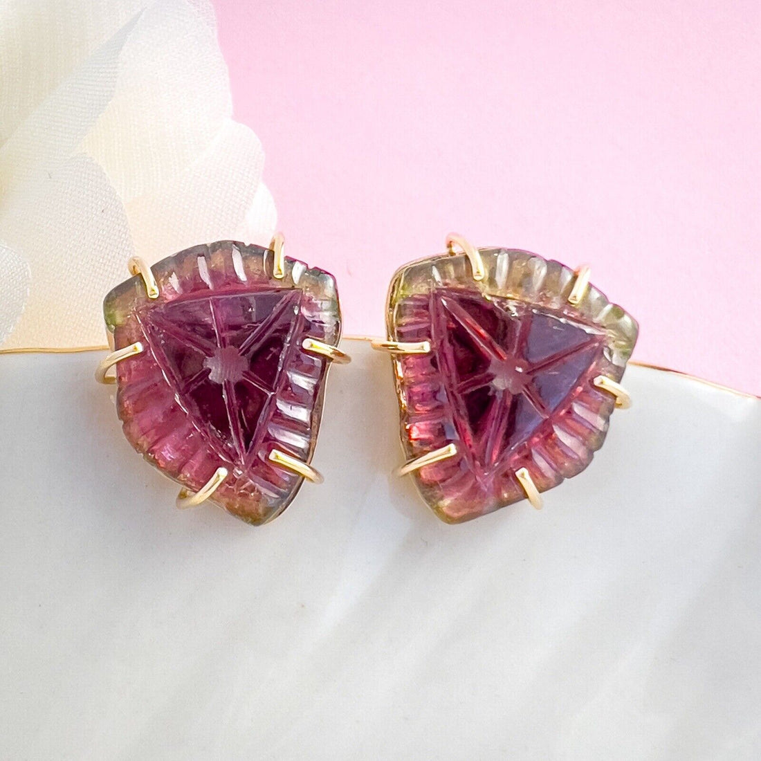 Unique 14k Yellow Gold Watermelon Tourmaline Custom-Made Stud Earrings