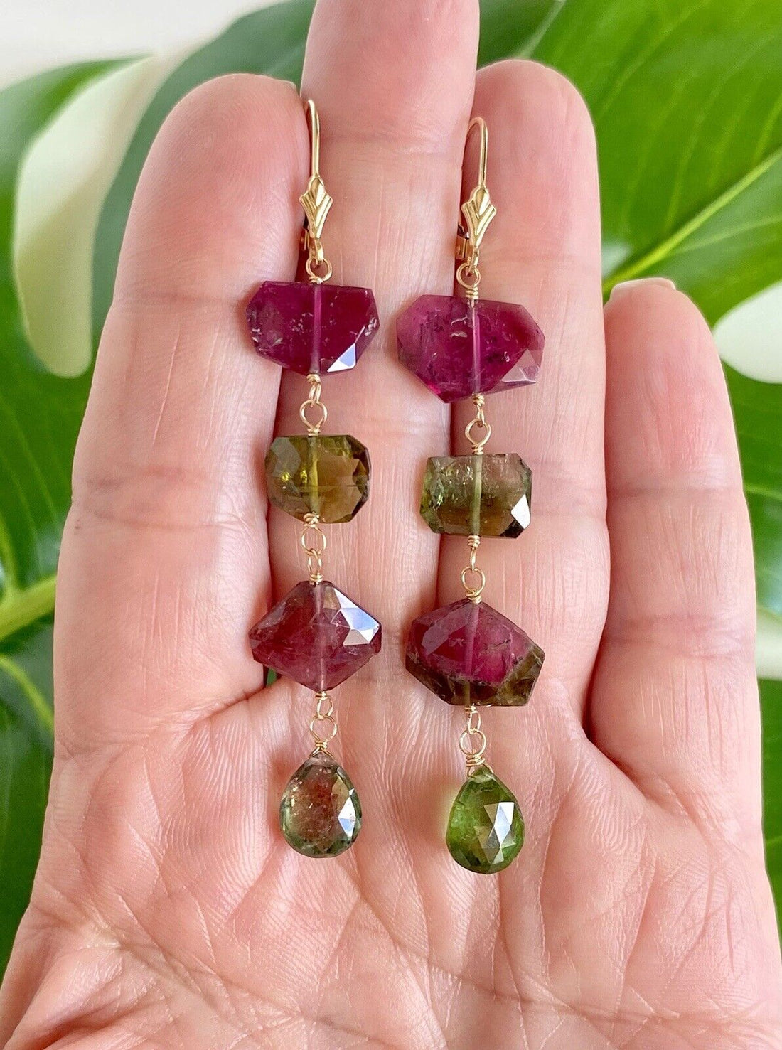 Natural Tourmaline (27.1ct) & 14k Yellow Gold "Wind Chime" Dangle Earrings, New