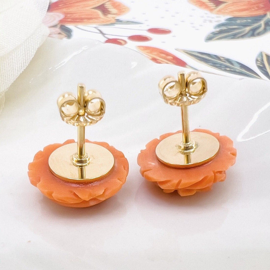 14k Gold Genuine Japanese Orange Coral Carved Rose Stud Earrings, New