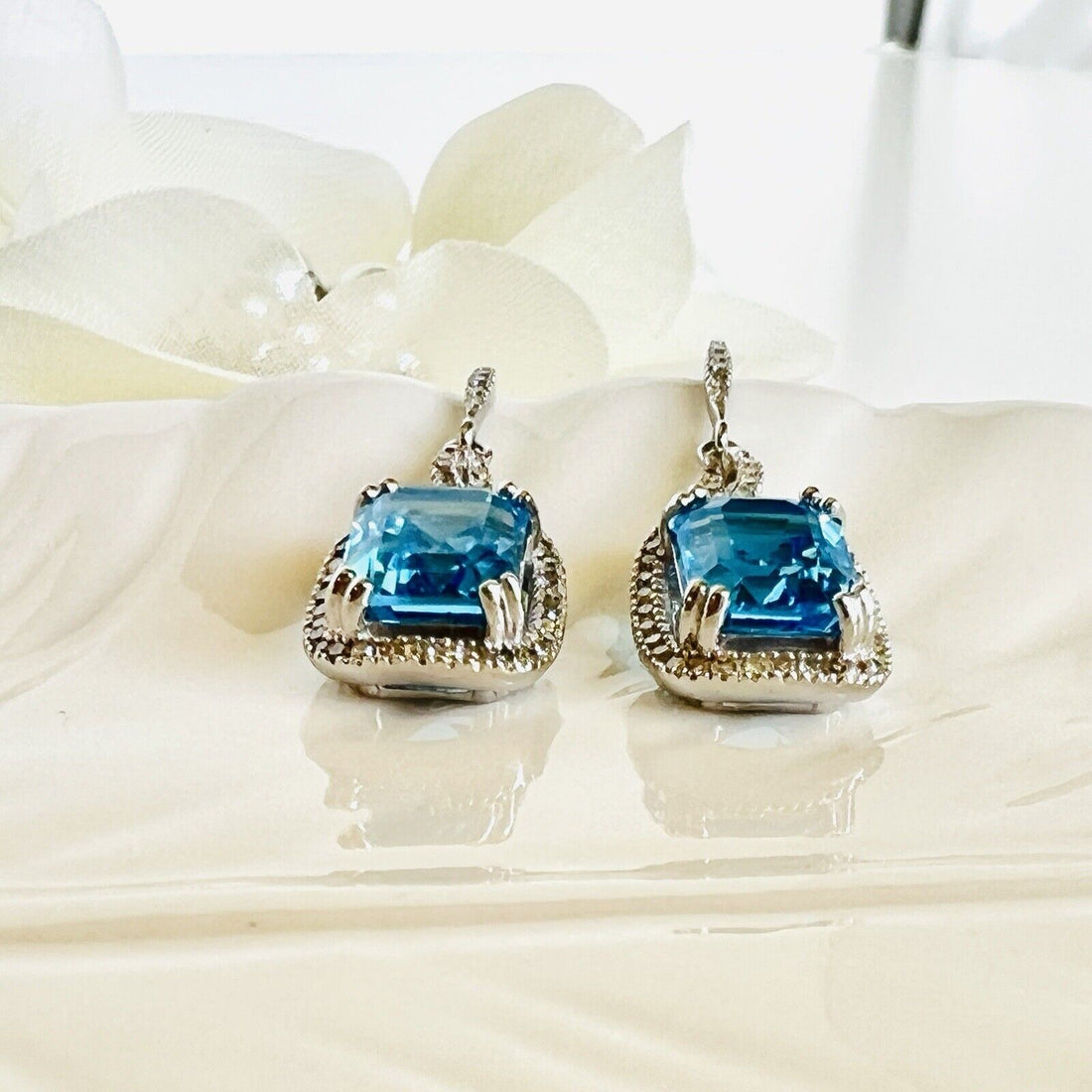 Gorgeous Swiss Blue Topaz (5.60ct) & Diamond (0.40ct) 14k Dangle Earrings, New