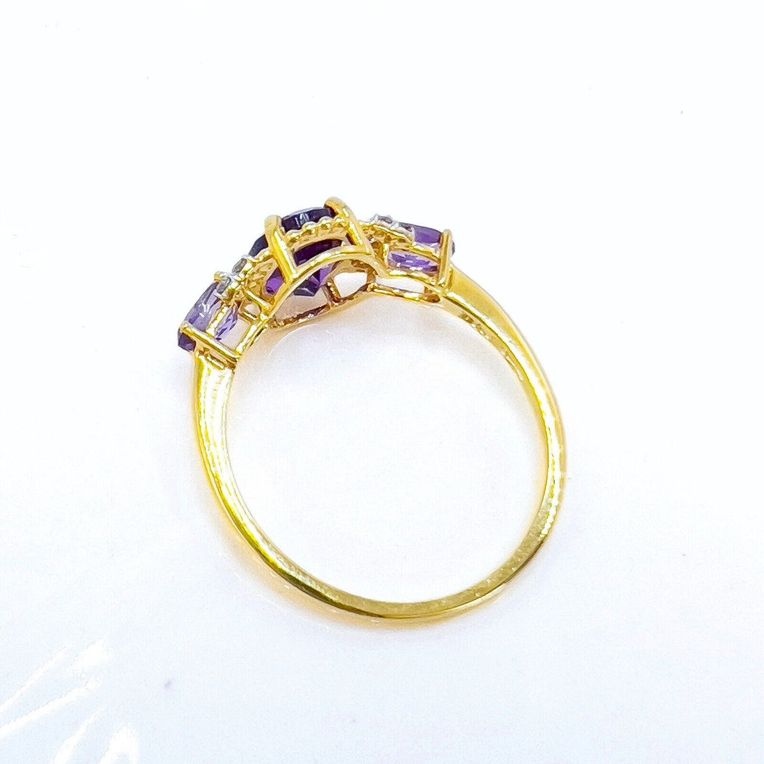 Solid 10k Yellow Gold Genuine Amethyst & Diamond 3-Stone Ring, New Size 7