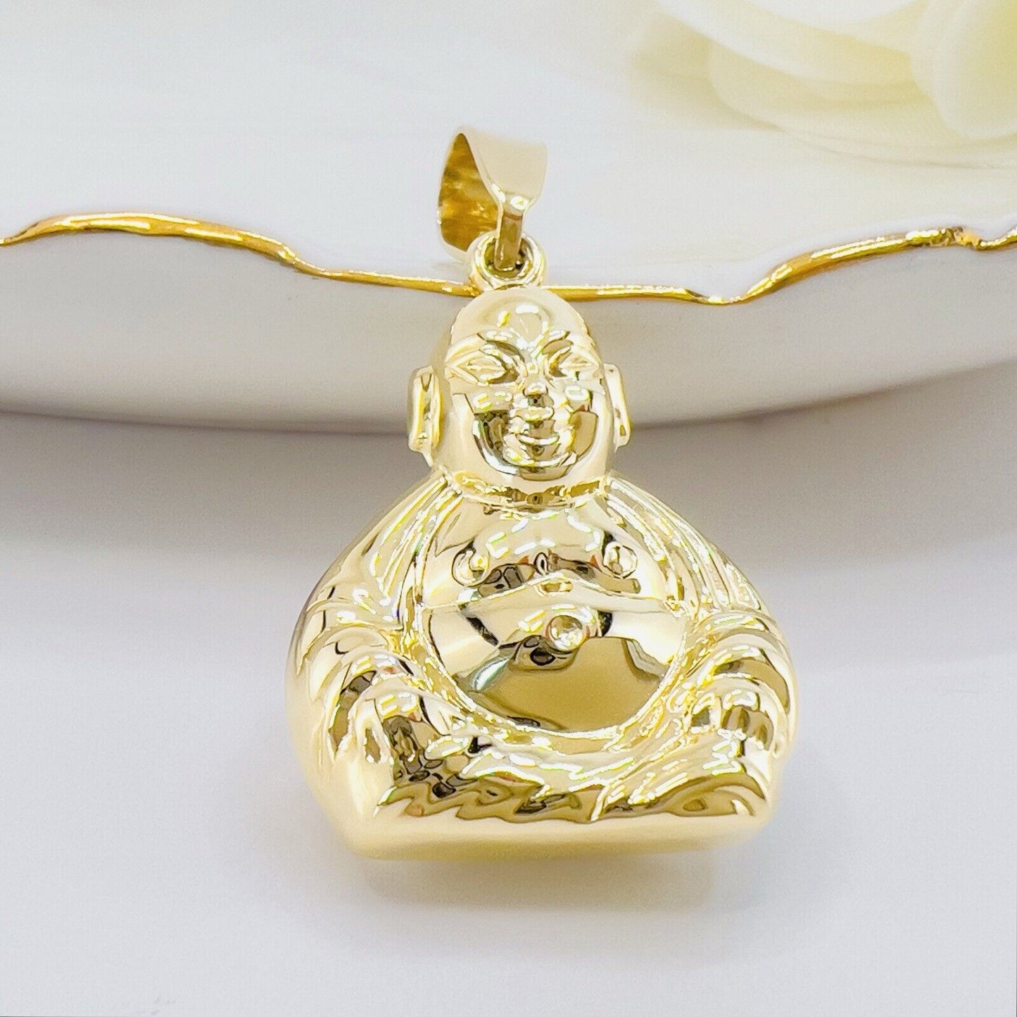 14k Yellow Gold Puffy 3-D Buddha Pendant, New, 1.20"