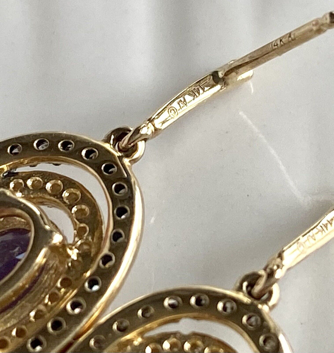 Solid 14k Yellow Gold Genuine Amethyst & Diamond Halo Dangle/Drop Earrings, New