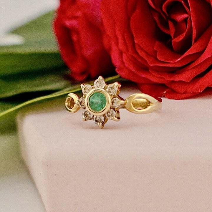 Solid 14k Yellow Gold Genuine Colombian Emerald & Diamond Rosette Ring, New Size