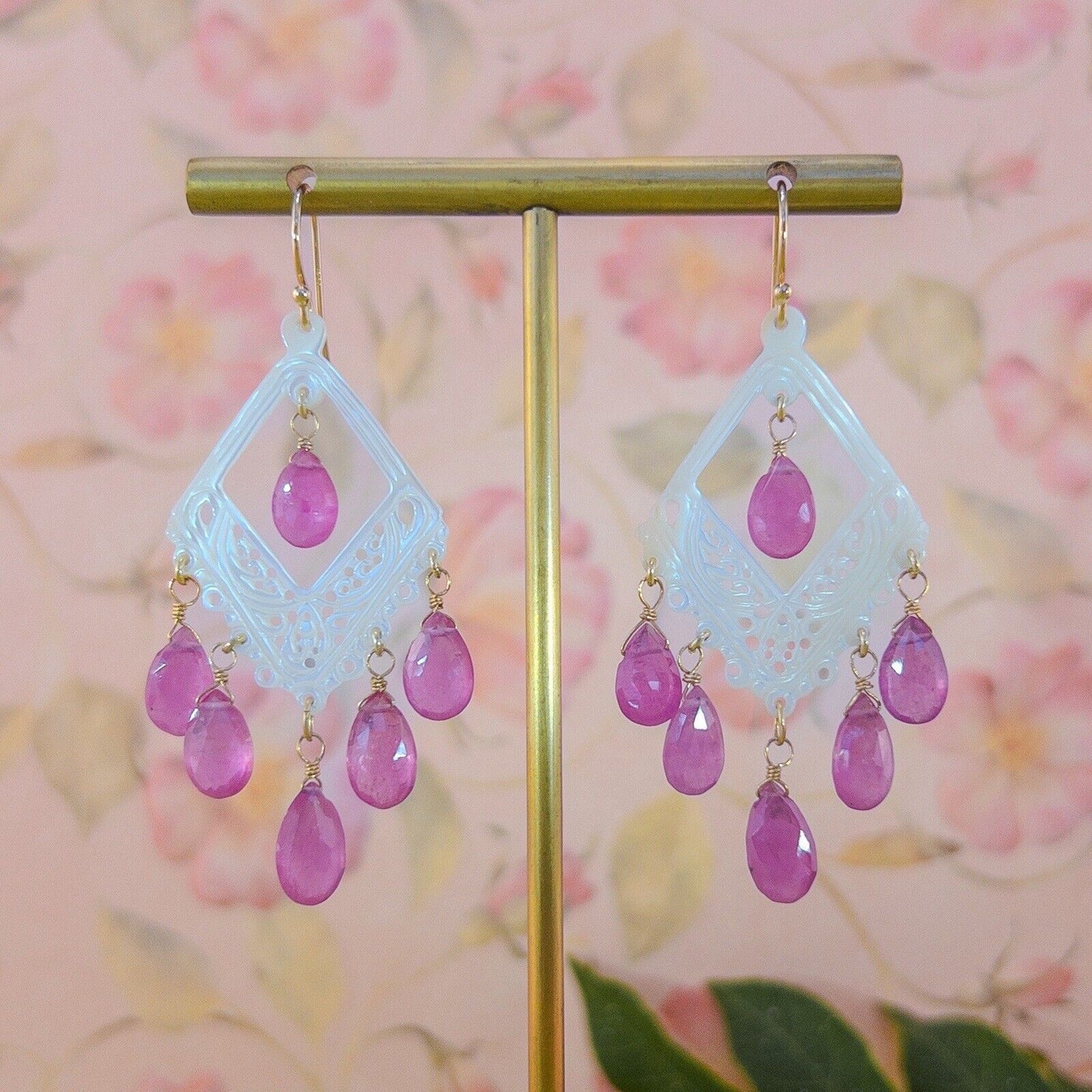 Solid 14k Yellow Gold Pink Sapphire & Mother of Pearl Chandelier Dangle Earrings