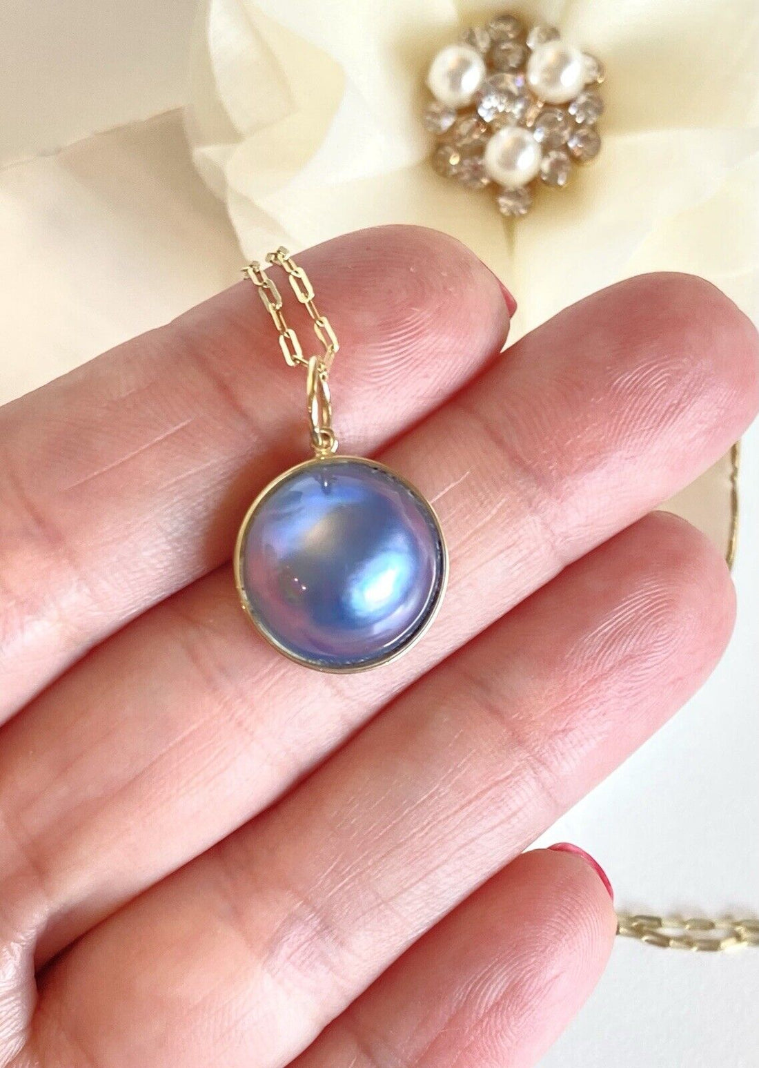 Genuine Peacock Blue Mabe Pearl (15mm) Solid 14K Yellow Gold Pendant, New