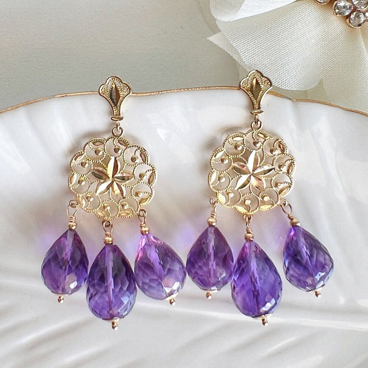 Solid 14k Yellow Gold Genuine Amethyst Briolette Chandelier Earrings, New