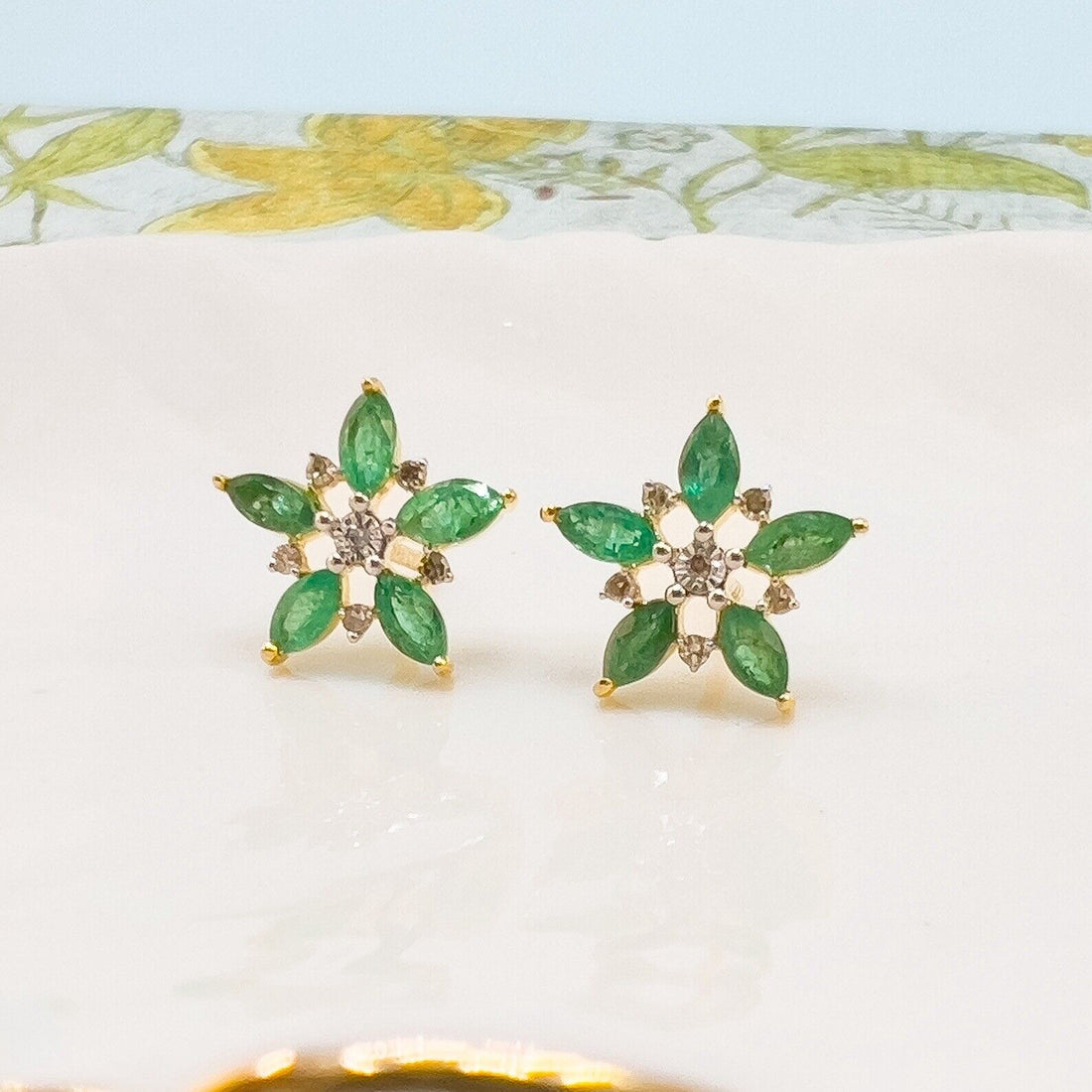 10k Yellow Gold Genuine Emerald & Diamond Star Stud Earrings, New