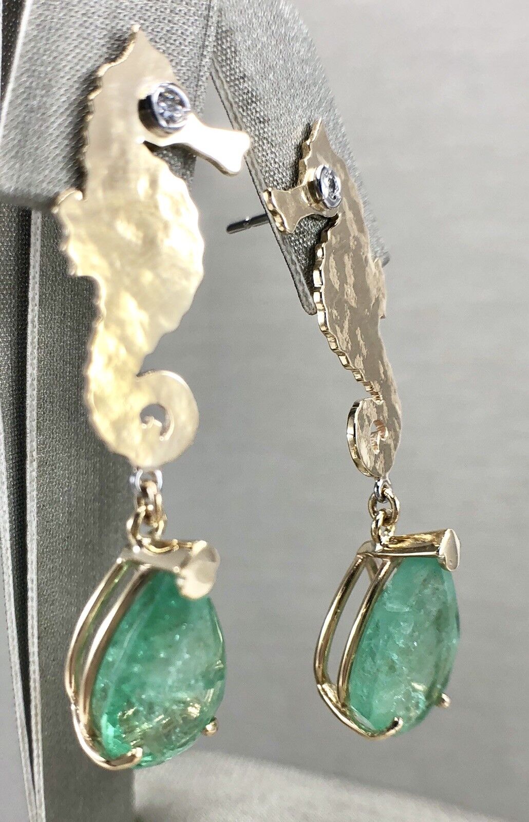 Colombian Emerald & Diamond 14K Yellow Gold Seahorse Dangle Earrings, New