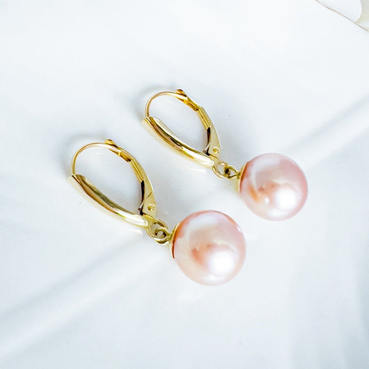 14k Yellow Gold Genuine 9mm Champagne-Rose Pearl Dangle Leverback Earrings  1"