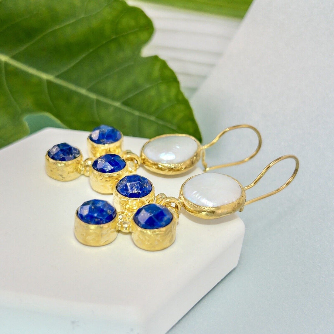 Natural Lapis Lazuli & Coin Pearl Gold Plated Dangle/Drop Earring, New 2"