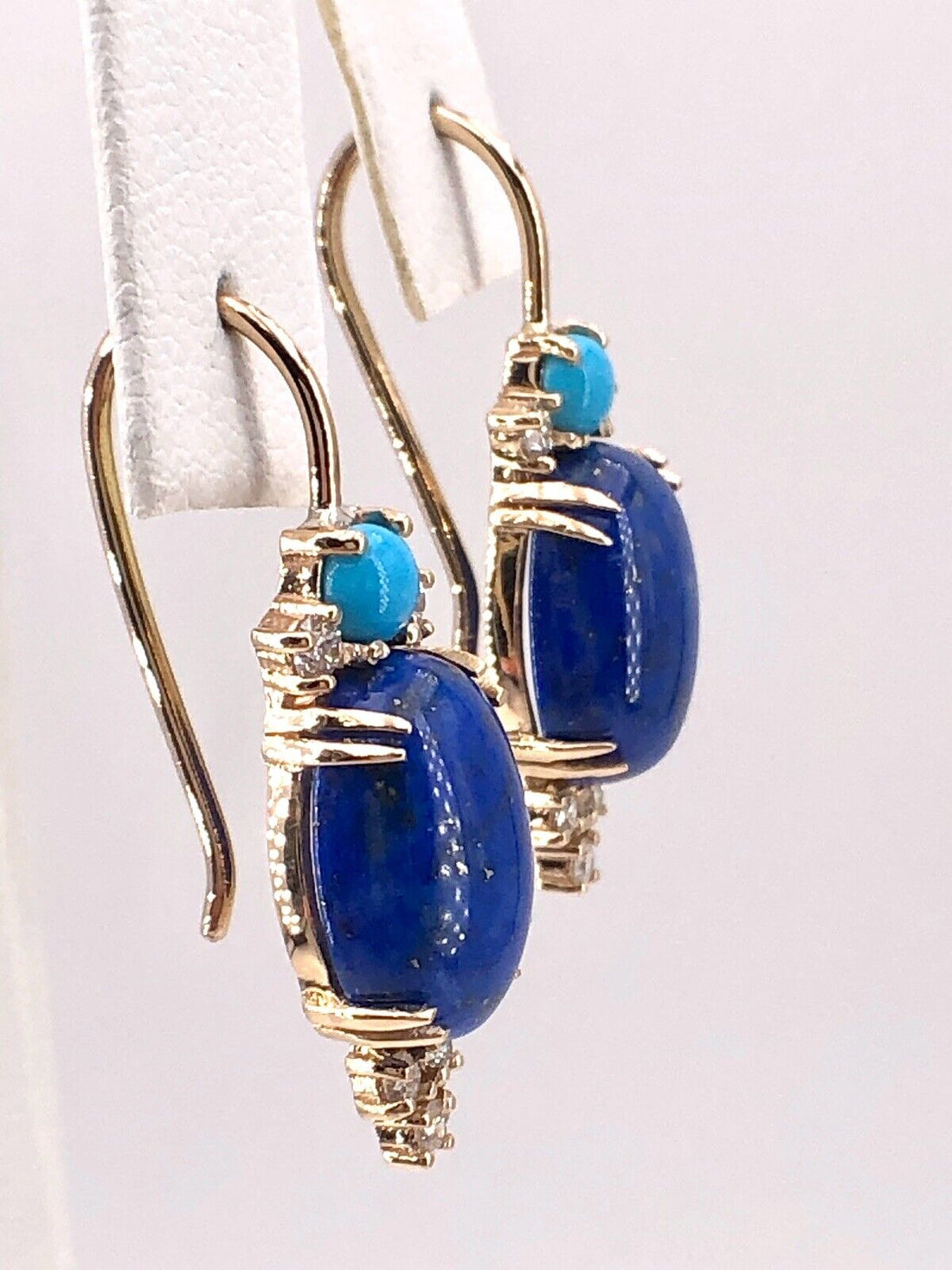 Genuine 14k Gold, Natural Lapis Lazuli, Turquoise & Diamond Dangle Earrings, New