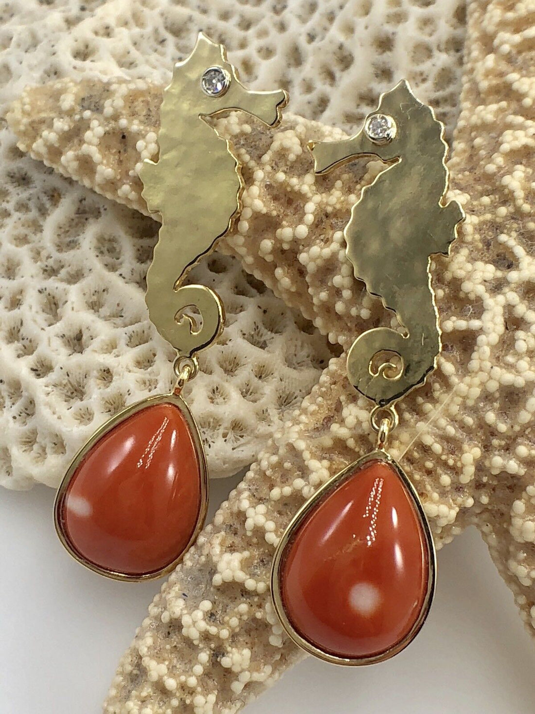 Natural Coral (8.68ct) & Diamond 14K Gold Seahorse Dangle Earrings, New