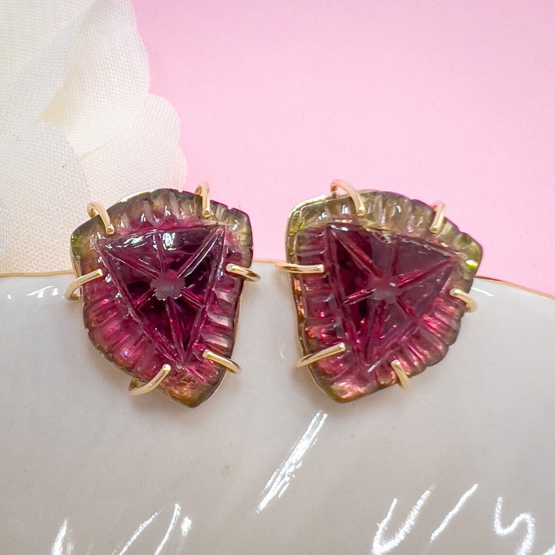 Unique 14k Yellow Gold Watermelon Tourmaline Custom-Made Stud Earrings