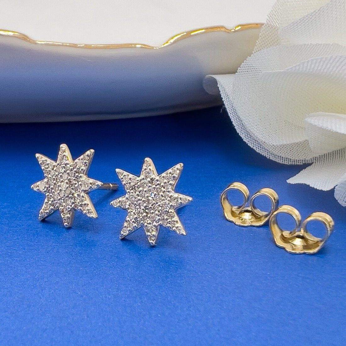 10k Yellow Gold Genuine Diamond Starburst Screw-back Stud Earrings, New