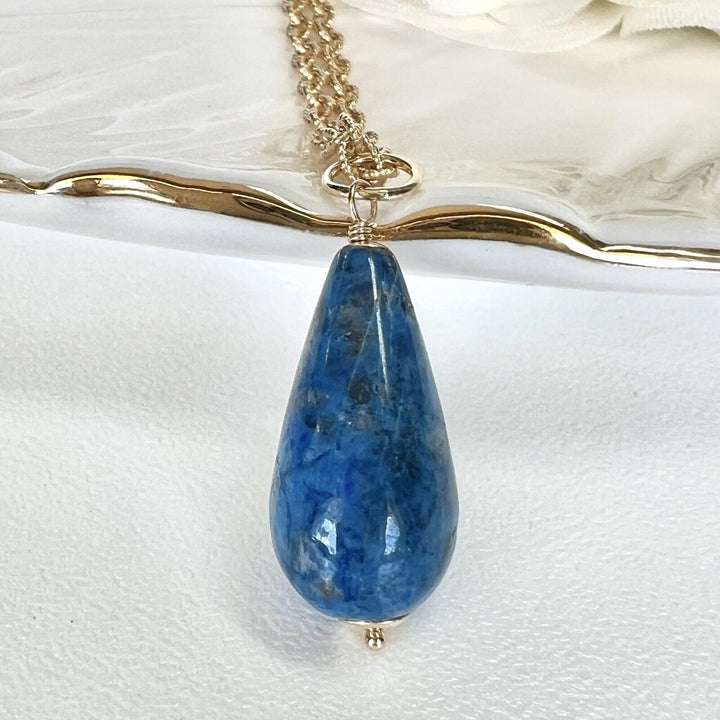 Solid 14k Yellow Gold Natural Lapis Lazuli Drop Pendant, 1.24", New A