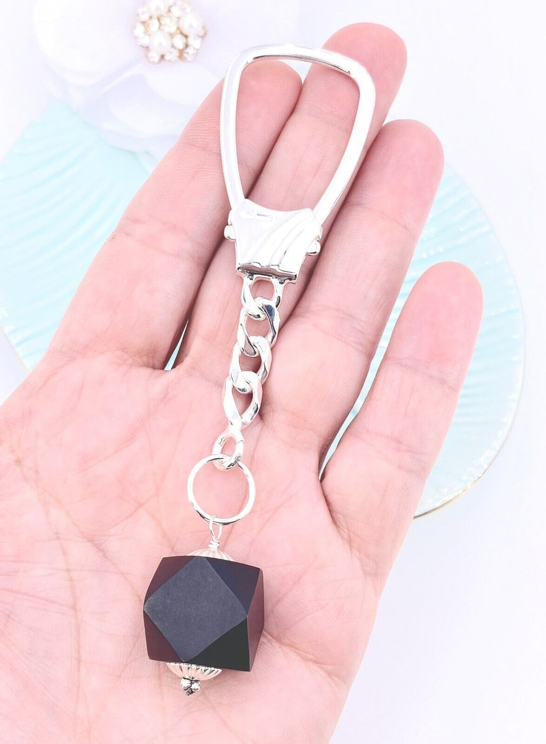 Sterling Silver & Genuine Azabache (16mm Black Jet) KeyChain, 4.5", New