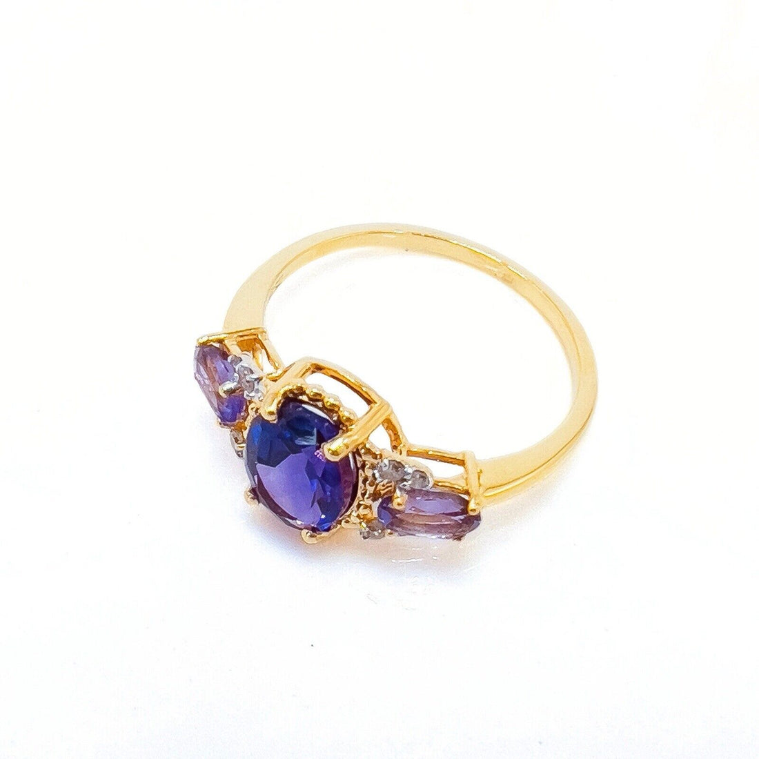 Solid 10k Yellow Gold Genuine Amethyst & Diamond 3-Stone Ring, New Size 7