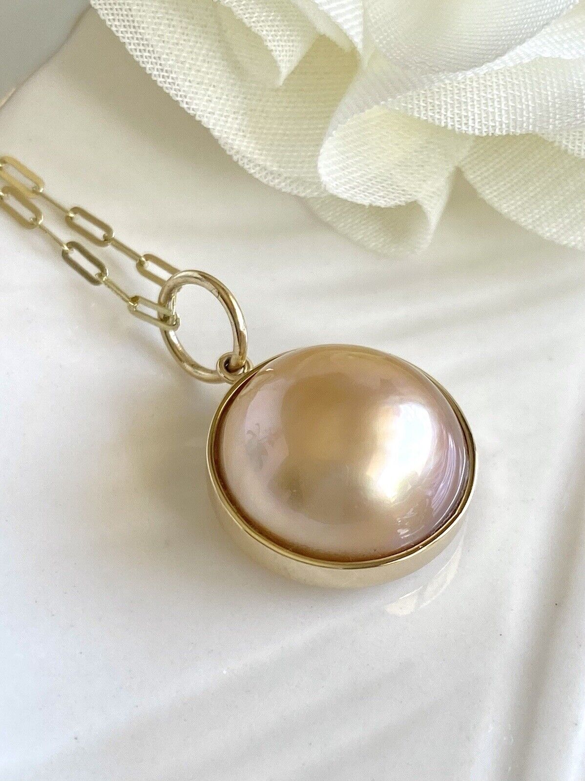 Genuine Gold Mabe Pearl (13mm) Solid 14K Yellow Gold Pendant, New
