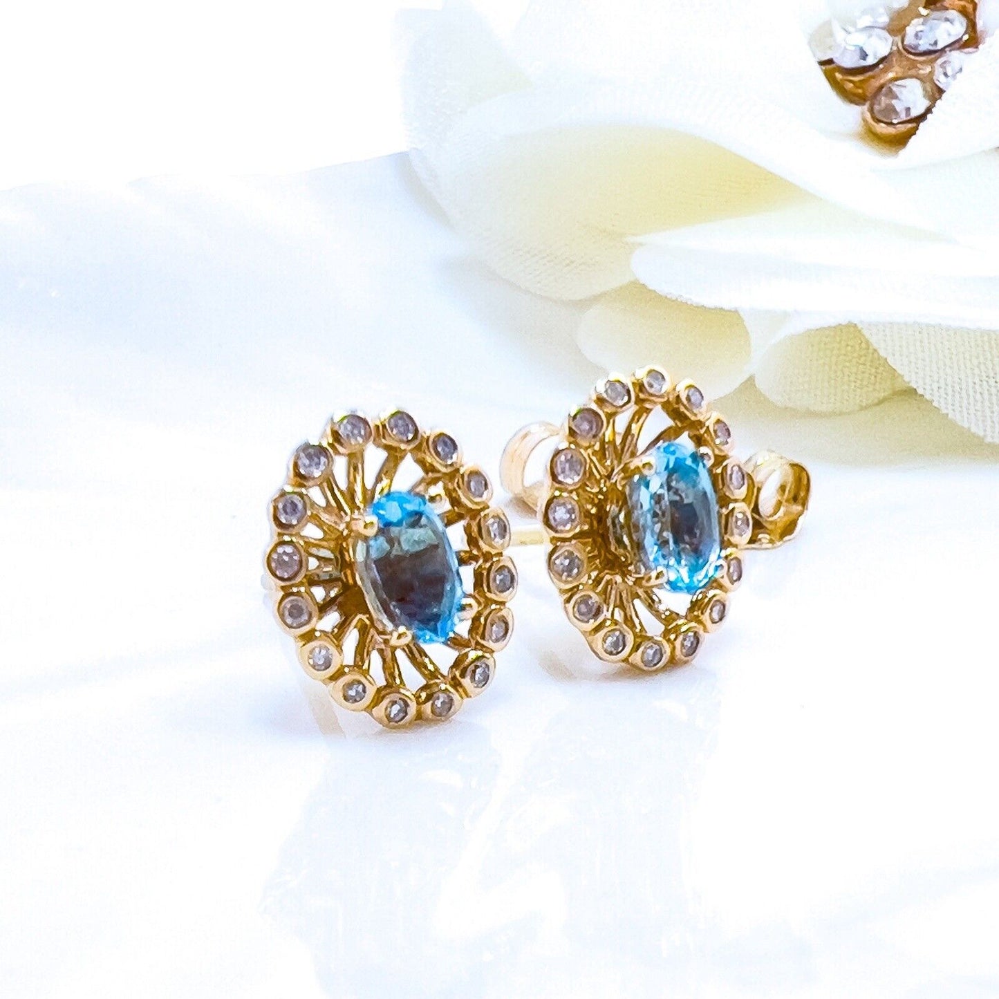 14k Yellow Gold Swiss Blue Topaz & Diamond Halo Oval Stud Earrings, New