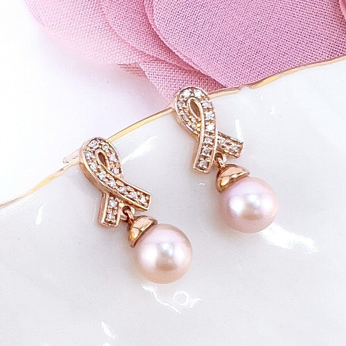 14k Rose Gold Pearl & Diamond Awareness Ribbon Dangle/Drop Earrings, New
