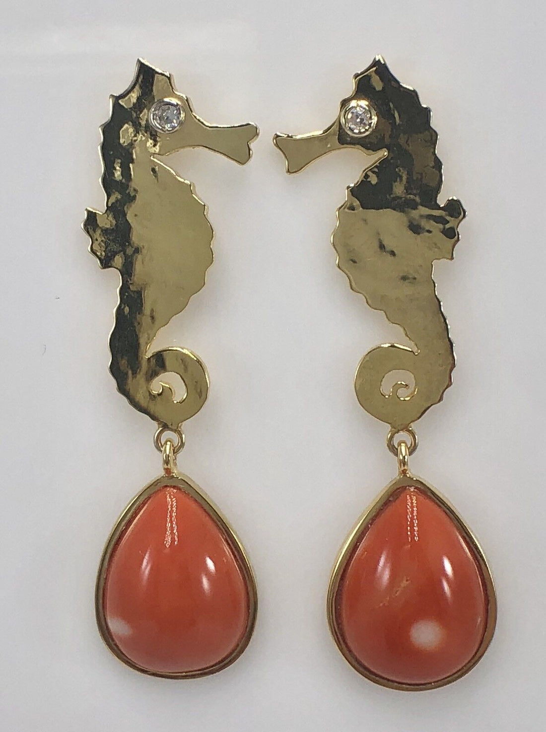 Natural Coral (8.68ct) & Diamond 14K Gold Seahorse Dangle Earrings, New