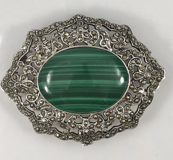 Vintage Genuine Malachite & Marcasite Sterling Silver Brooch/Pendant