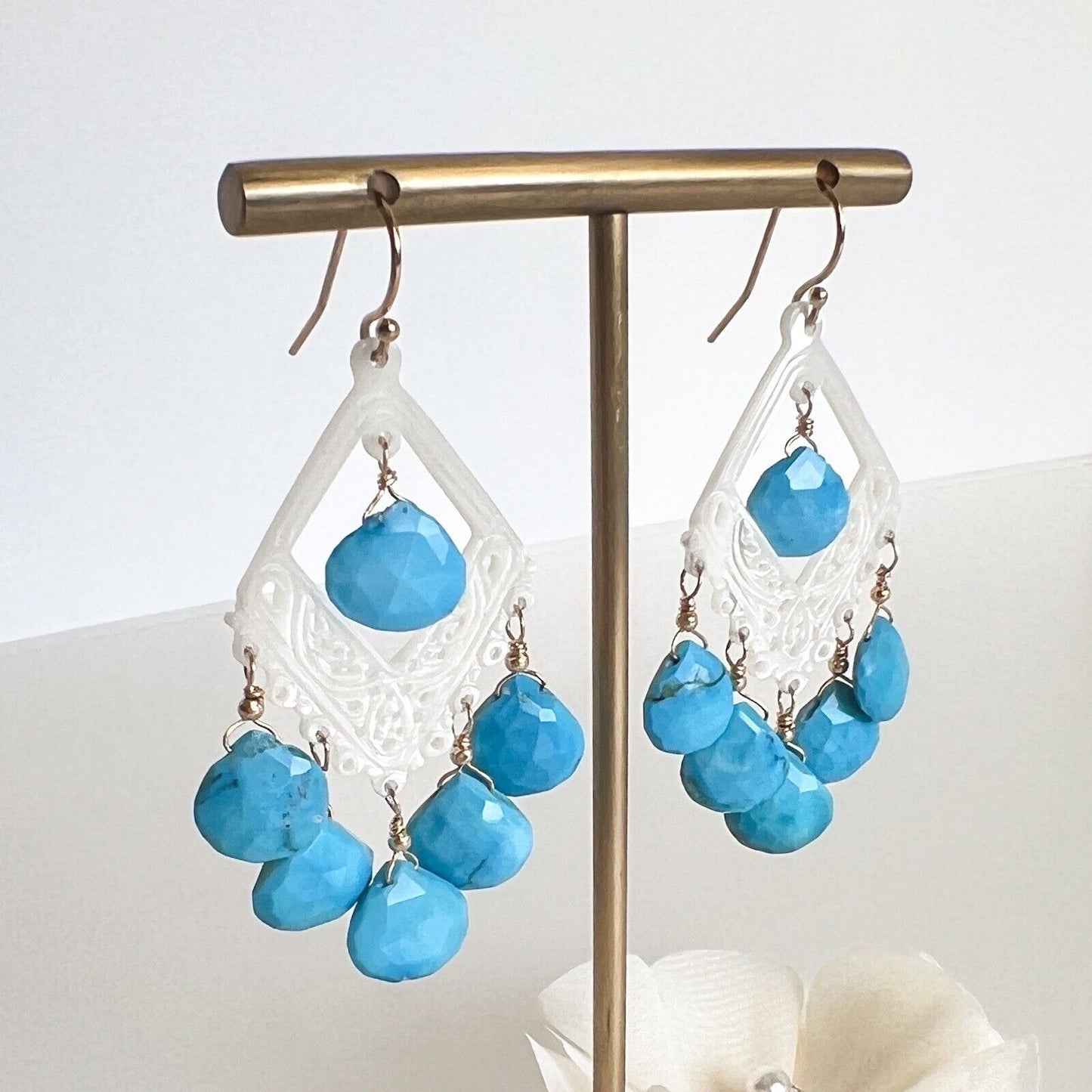 Solid 14k Yellow Gold Natural Turquoise & Mother of Pearl Chandelier Earrings
