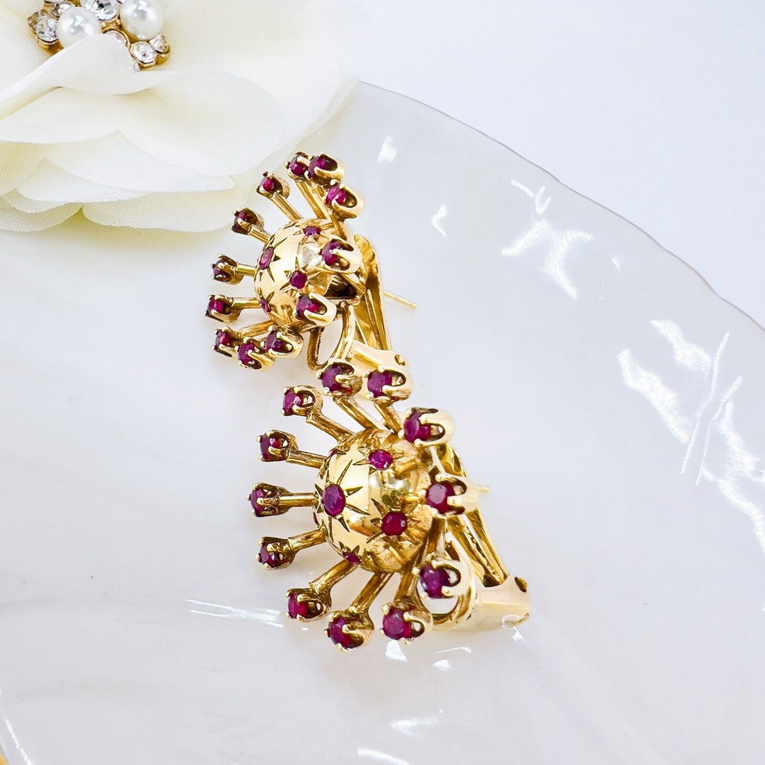 Vintage 14k Yellow Gold & Ruby "Starburst" Post & Clip Handcrafted Earrings