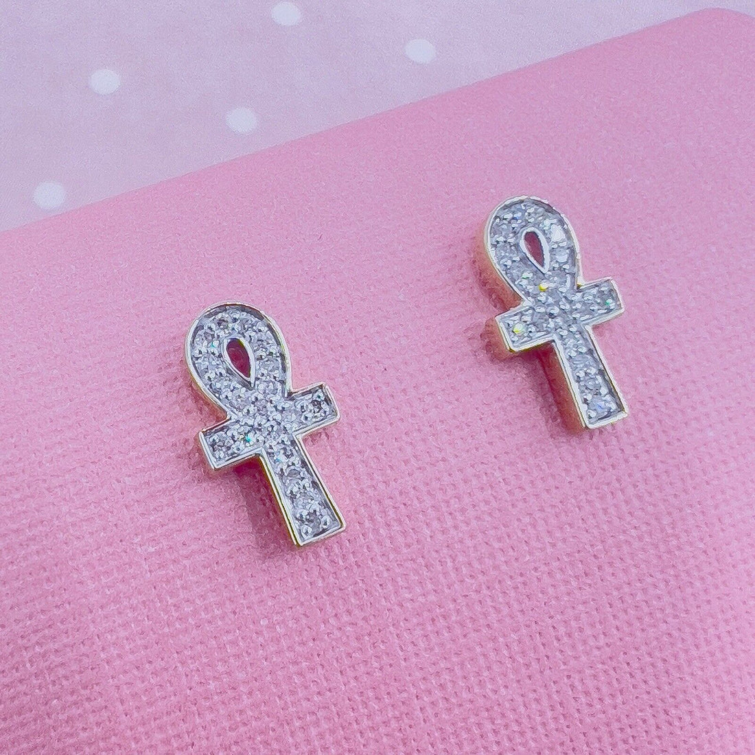 14k Yellow Gold Diamond Ankh Stud Screw-Back Earrings, New