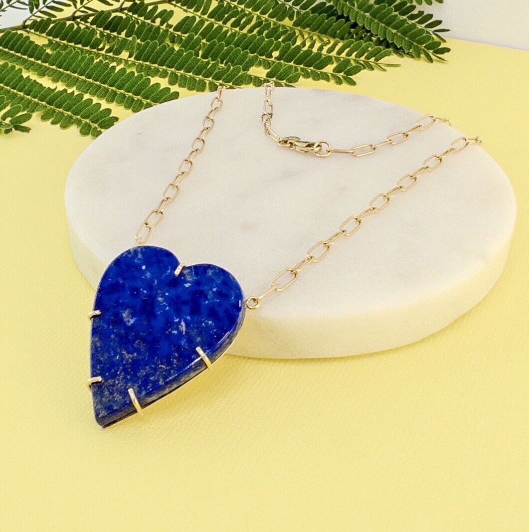 14k Yellow Gold Natural Lapis Lazuli Heart Pendant Paperclip Necklace 17.75"