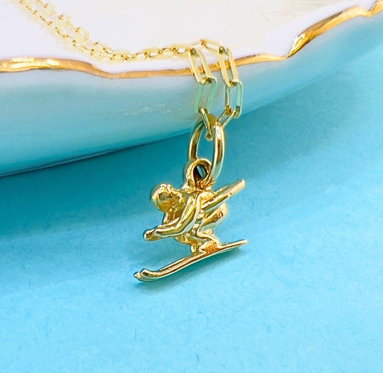 14K 3D Crossed hot Skis Skier Winter Sport Charm/Pendant Yellow Gold