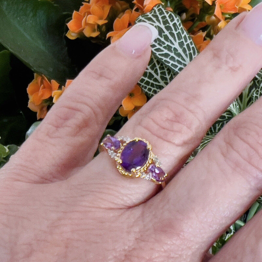 Solid 10k Yellow Gold Genuine Amethyst & Diamond 3-Stone Ring, New Size 7