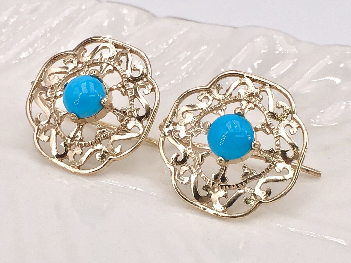 Solid 14k Yellow Gold & Sleeping Beauty Turquoise Filigree Hook Earrings, New