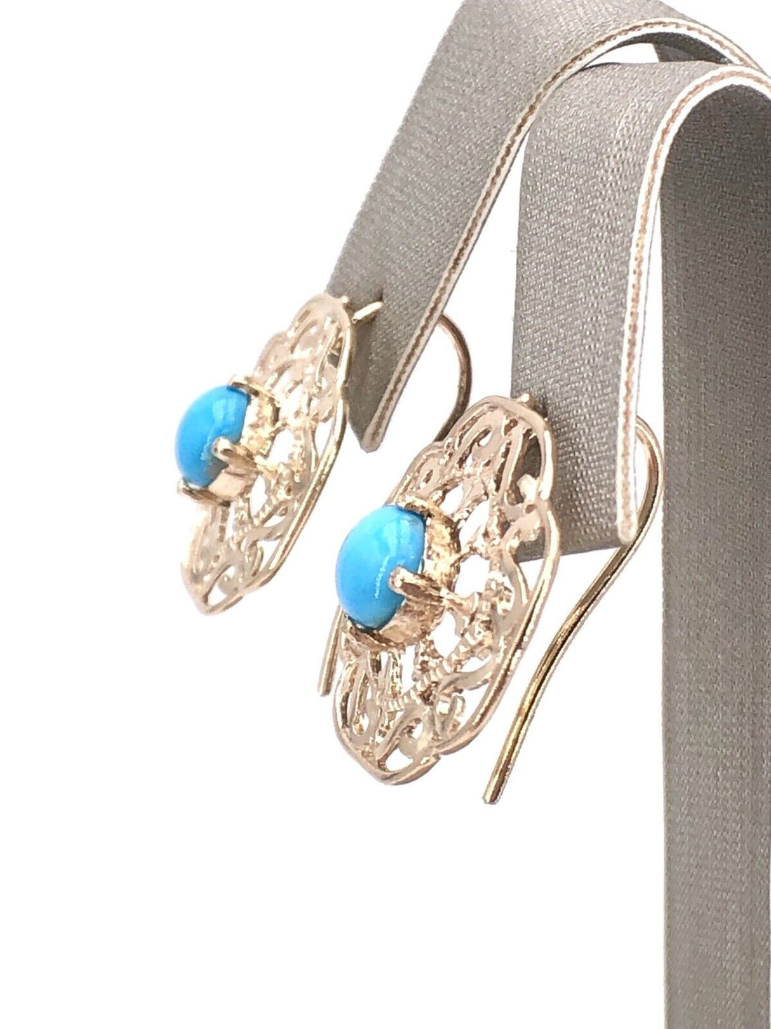 Solid 14k Yellow Gold & Sleeping Beauty Turquoise Filigree Hook Earrings, New