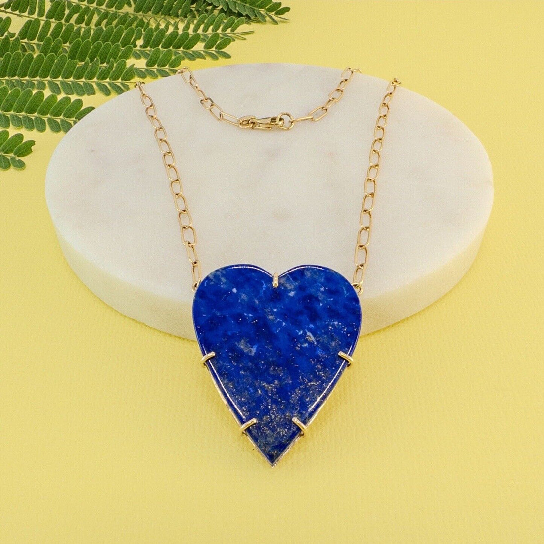 14k Yellow Gold Natural Lapis Lazuli Heart Pendant Paperclip Necklace 17.75"