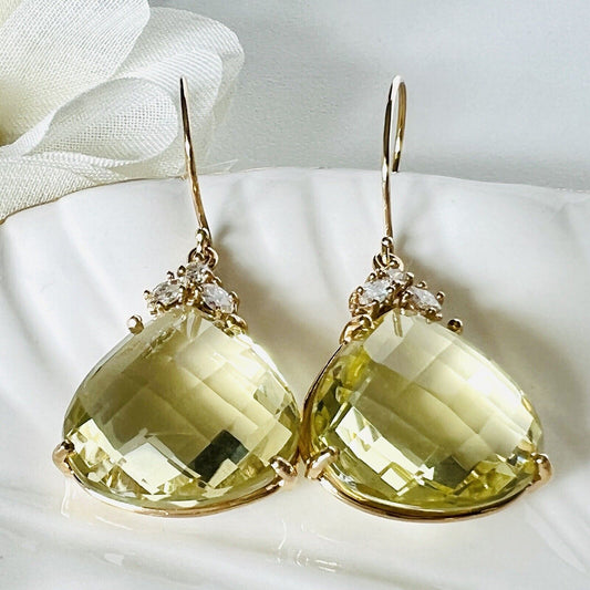 Solid 14k Yellow Gold Genuine Lemon Citrine (27ct) & Diamond Dangle Earrings