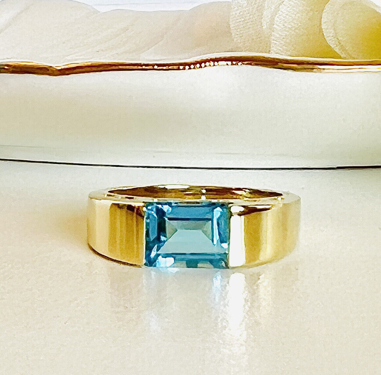 Solid 14k Yellow Gold Swiss Blue Topaz "Tank" Style Ring, Size 6.75
