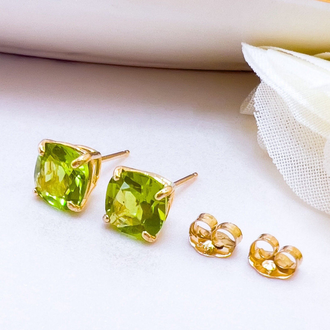 Solid 10k Yellow Gold Genuine Peridot 6mm Stud Earrings, New