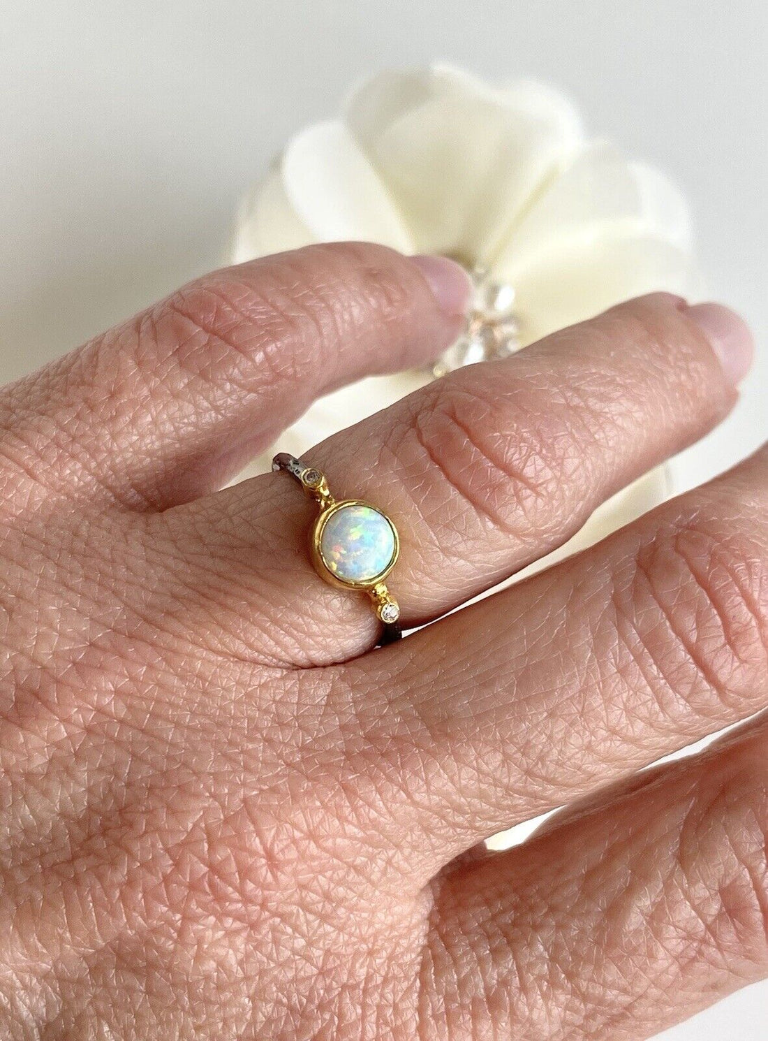 Antiqued Sterling Silver 18K Yellow Gold Opal Ring Size 5.5