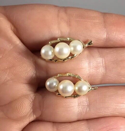 Classic Akoya Pearl Leaf Design Solid 14k Gold, Screw Back Earrings, Unpierced